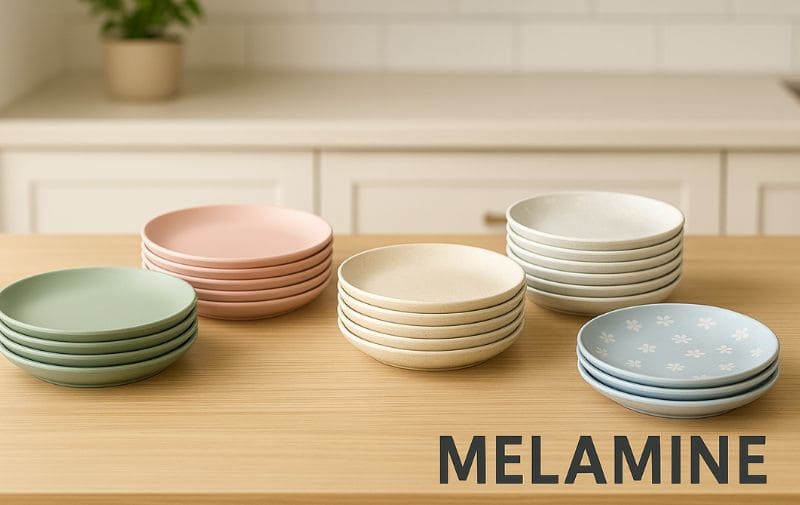 Stacks of colorful melamine plates on a kitchen counter, labeled for durability