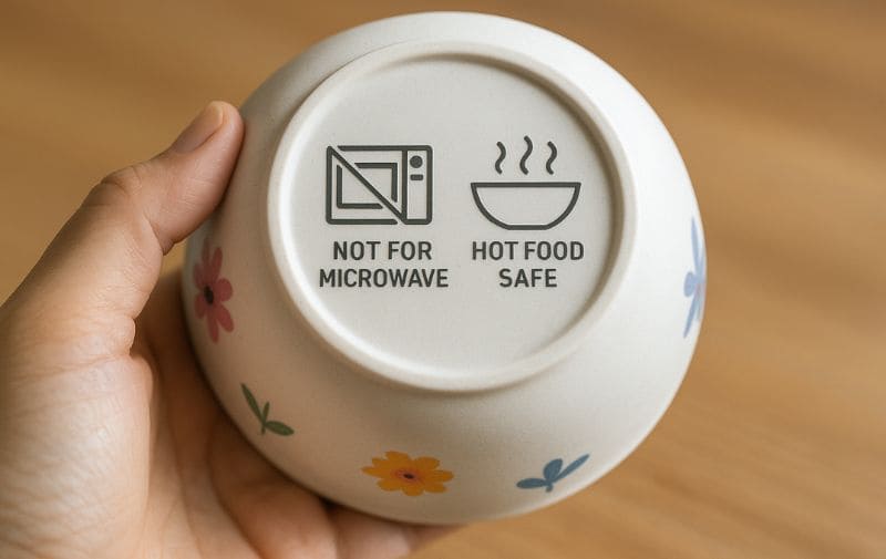 The label on the bottom of the bowl emphasizes “Not microwave safe, but suitable for hot food”