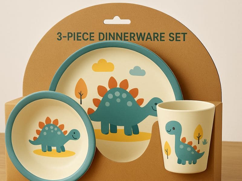 Three-piece dinosaur bamboo melamine dinnerware set for kids with plate, bowl, and cup