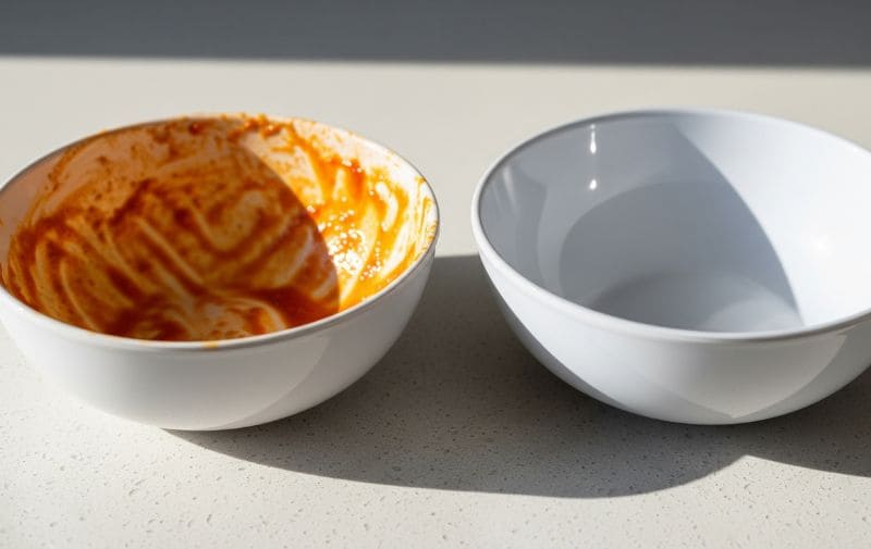 A close-up of a white melamine bowl stained with curry and tomato sauce residue