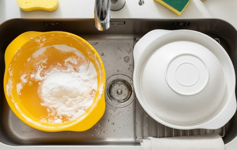 A stained yellow melamine bowl submerged in a baking soda soak
